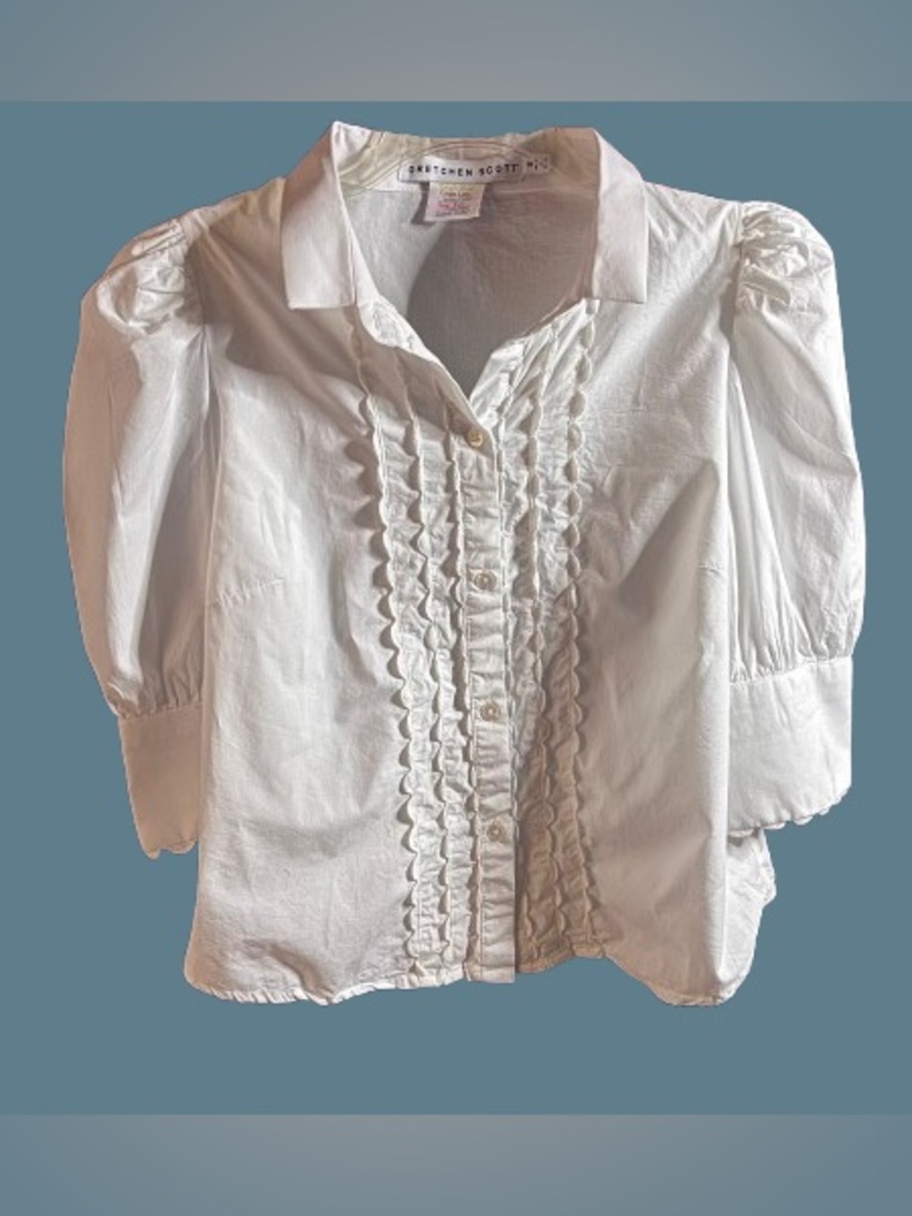 Gretchen Scott White Ruffle Front Cotton Blouse Size Small - Picture 3 of 7